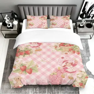 3PCS Duvet Cover Set, 1 Duvet+2 Pillowcases(Without filler), Strawberry Pink Gingham Cute Doll Floral theme, Spring bedding set, Cozy Soft  Suitable for decoration Bedroom Dorm Apartment Guest Room.