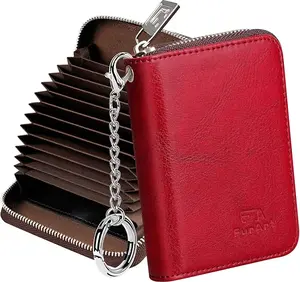 Zipper Wallet Women, RFID Blocking Credit Card Wallet, Business Card Holder, Compact Size Keychain Wallet (Red)