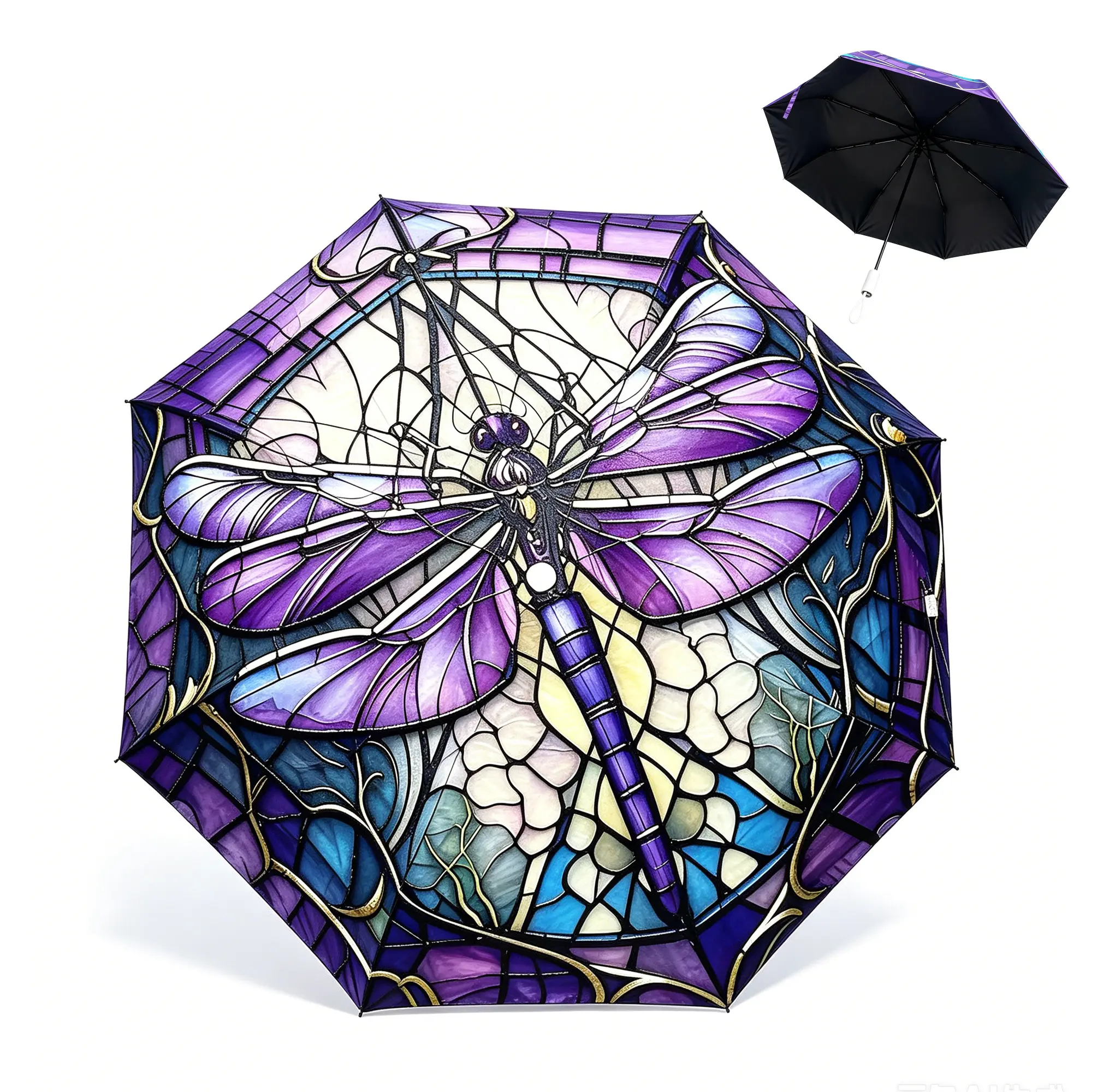 Beautiful Purple Dragonfly Umbrella 3 Fold Auto Umbrellas Travel Umbrellas for Rain And Sun   UV Windproof Rainproof Lightweight Portable Folding Compact Travel Parasol Auto Open Close Umbrellas