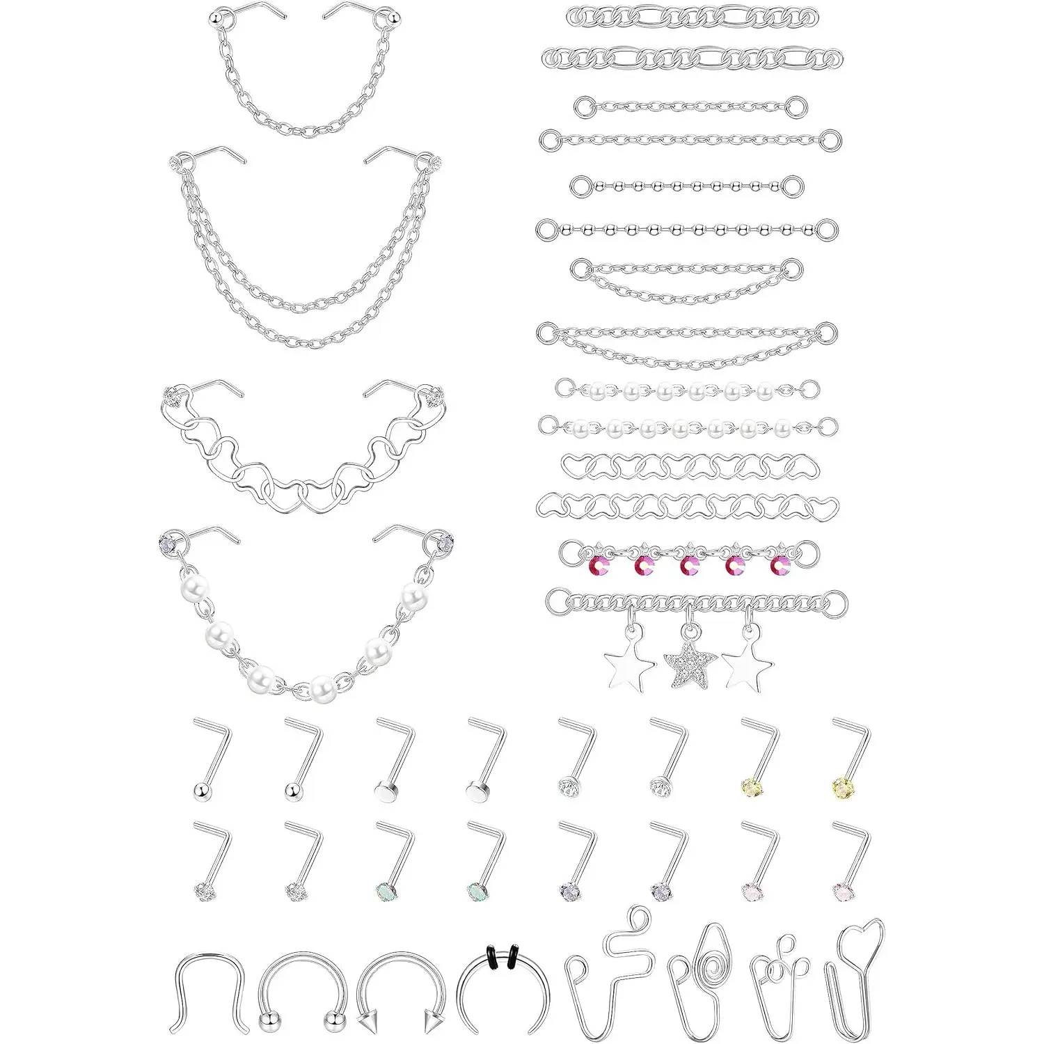 Milacolato Unisex 20G Stainless Steel Nose Piercing Jewelry Set - Adjustable, Hypoallergenic Studs with Chains, Cuff, Horseshoe Septum Rings, Star & Heart Designs for Daily Wear, Nose Hoop, Nose Piercings, Female