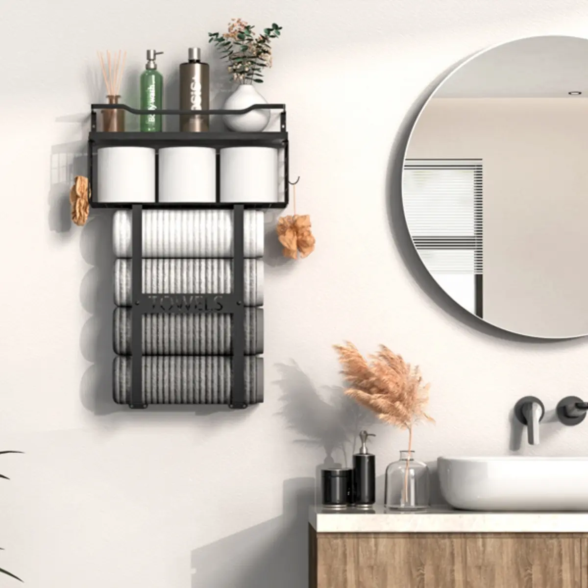 Black Wooden Vertical Towel Rack - 2-in-1 Bathroom Decor & Storage, Wall Mount, Above Toilet, Bathroom Decor Ideas for Small Spaces