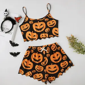 Womens Cute Skeleton Graphic Pajamas Lettuce Trim Tank Top + High Waist Shorts Holiday Sleepwear Home Loungewear Set