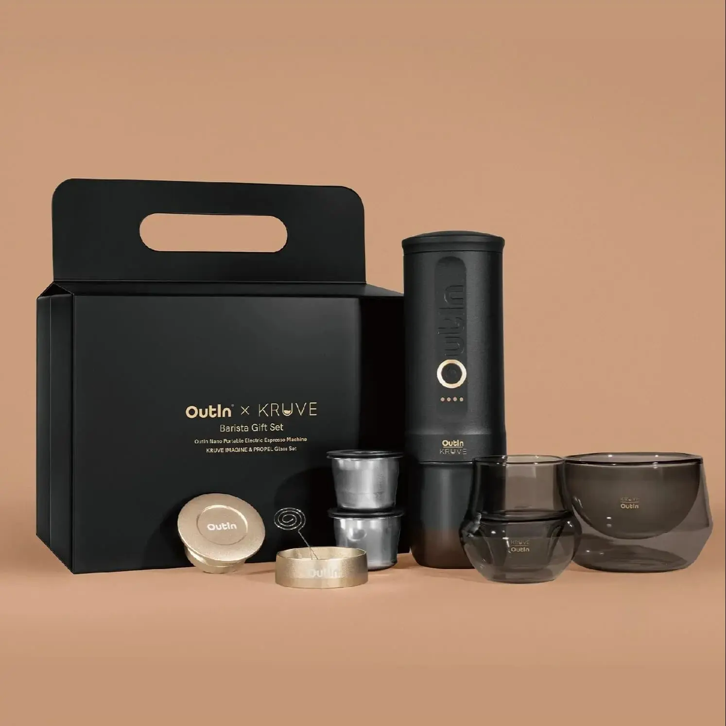 OutIn X KRUVE Barista Gift Set, Portable Nano Espresso Machine 20‑Bar Pressure, Complete Coffee Kit With KRUVE Double‑Walled Glassware, Premium Gift Box For Coffee Lovers Travel Camping