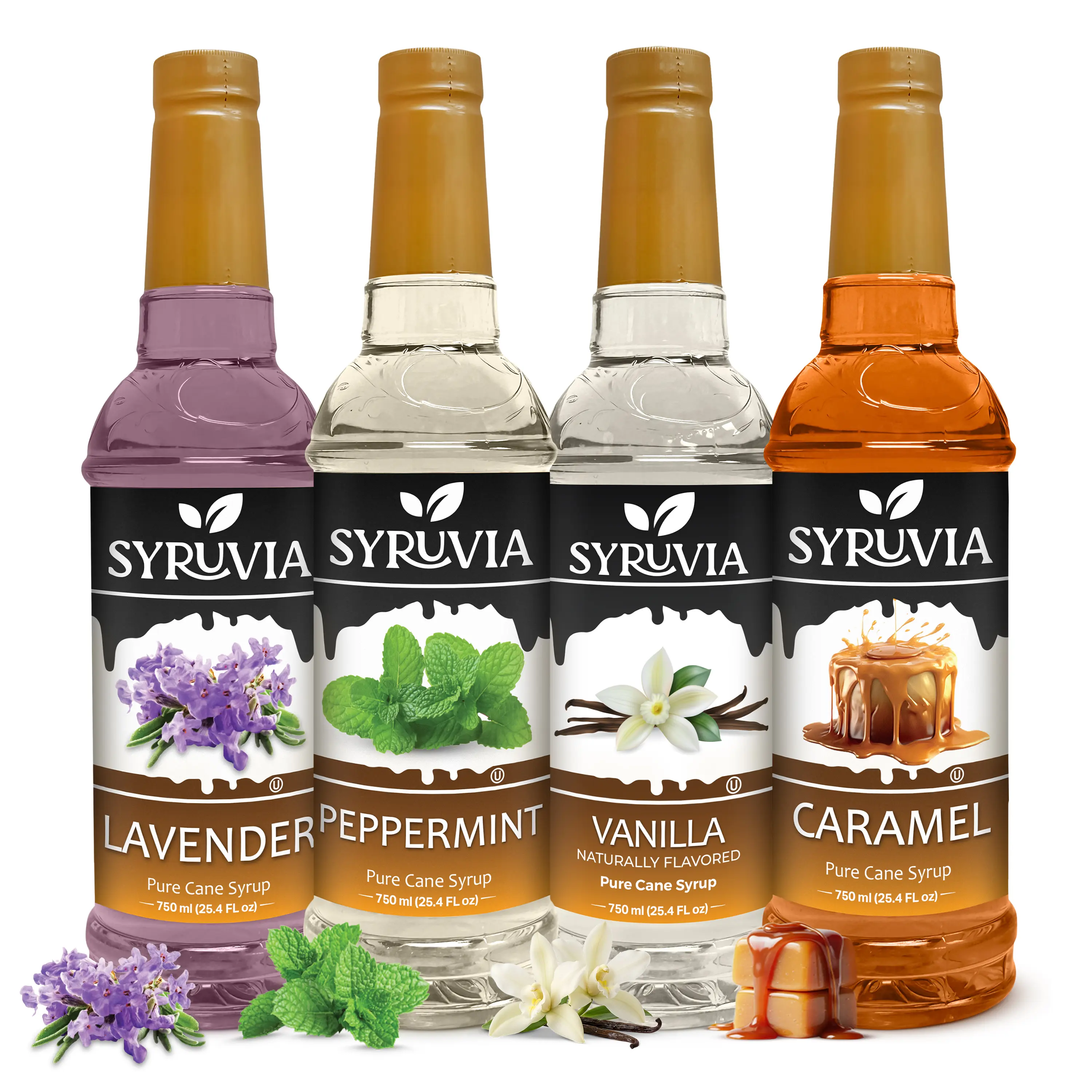 Syruvia Premium Sweet Coffee Syrup Variety Pack - 4 Flavor Set (Lavender, Peppermint, Vanilla, Caramel) - 25.4 oz Bottles for Coffee, Beverages, Desserts