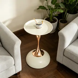 Modern Martini Table,Small Round Side Table for Living Room,15''End Table with Metal Base,White Circle Bedroom Table and Nightstand,Balcony Table for Tea,Corner Accent Table for Living Room/Bedside/Couch/Sofa