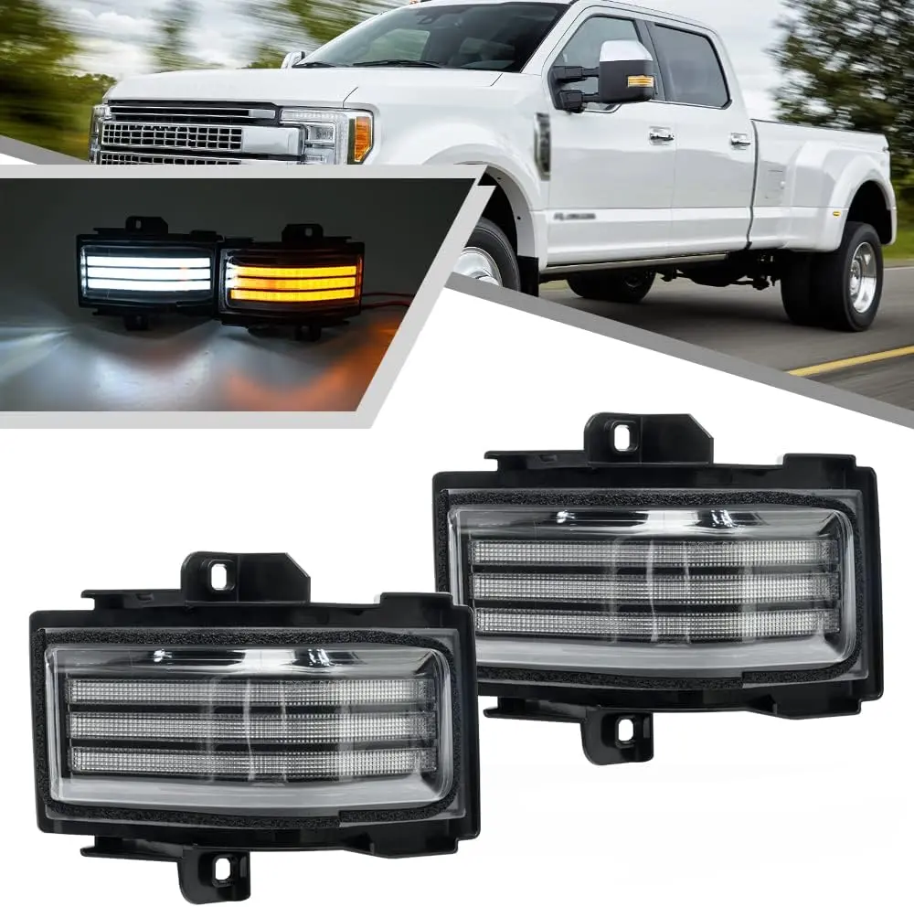SUNPIE 2PCS Sequential LED Side Mirror Marker Lights, Amber Dynamic Blinker & White DRL, Waterproof ABS Clear Lens for Ford F150 2015-2023, F250-F550 Super Duty 2017-2026