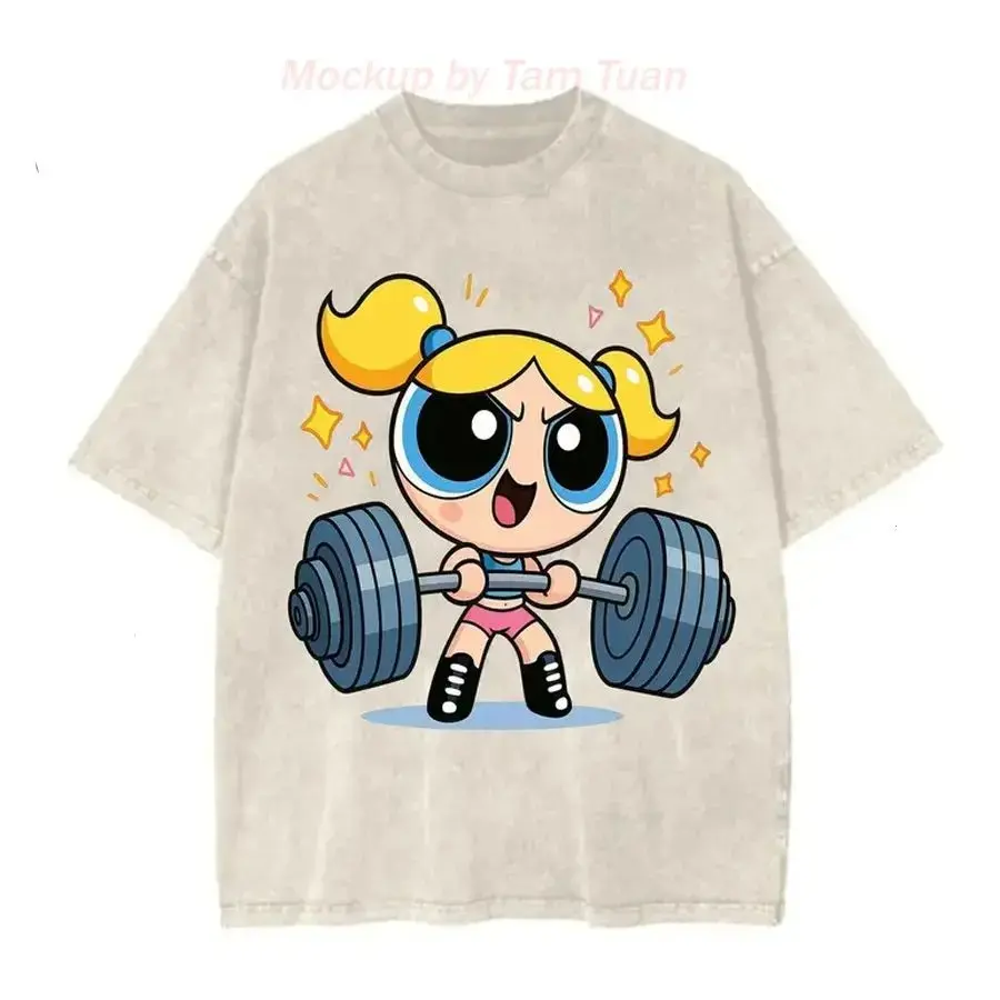 Graphic Kind Cute Powerpuff Girls Bubbles Gym Washed Tee, Unisex Weightlifting Cartoon Shirt For Youth And Adults, Heavy Lifting Gift, Apparel Made In The USA