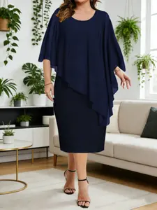 Elegant Chiffon Cape Sleeve Dress, Two-Piece Design, Party Commute Wear, Medium Length, Stylish Women's Clothing