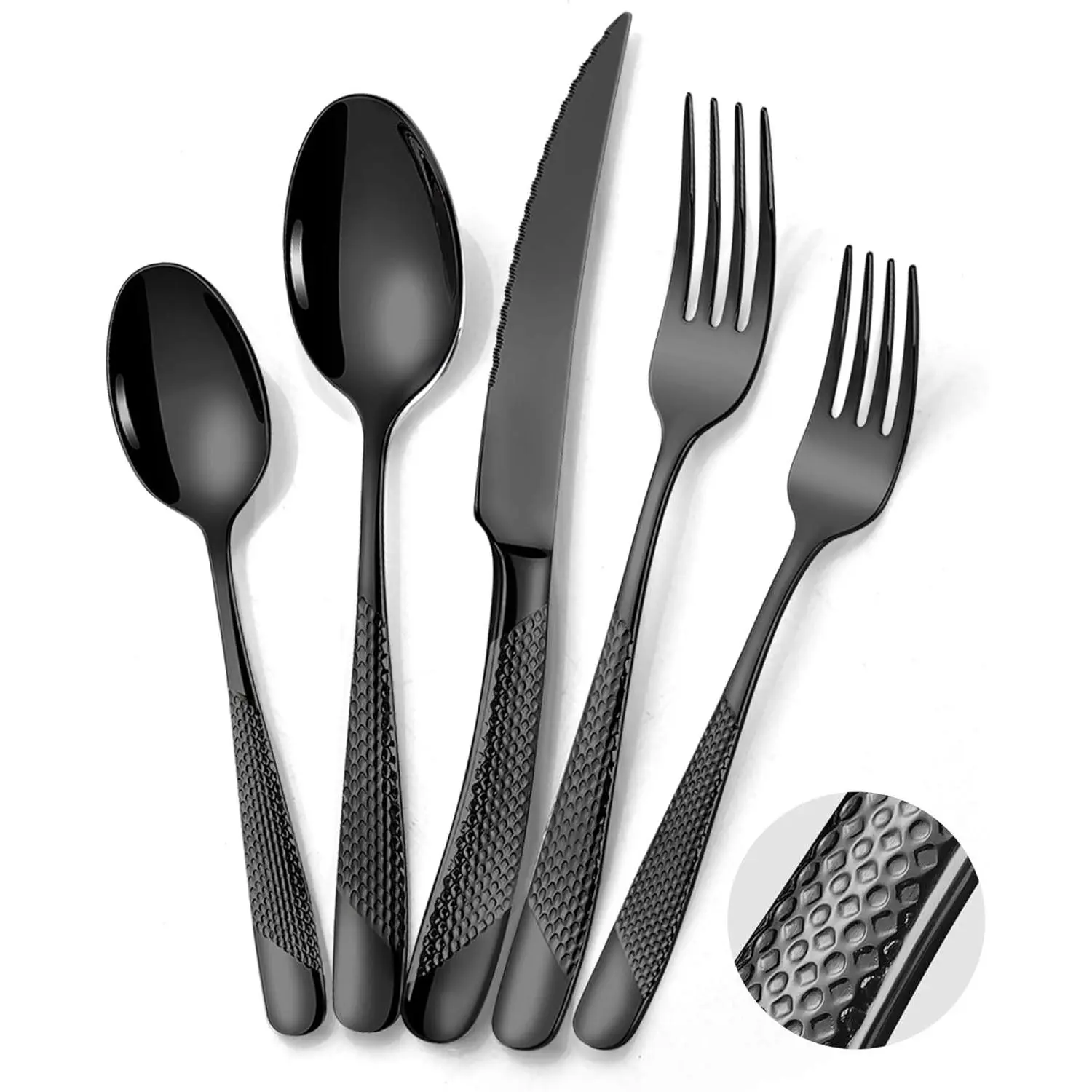 40- Hammered Black Silverware Set for 8,18/10 Stainless Steel Flatware Set with Serrated Forged ,Heavy Duty Cutlery Set for  & Party Restaurant,Mirror Polished, Dishwasher Safe