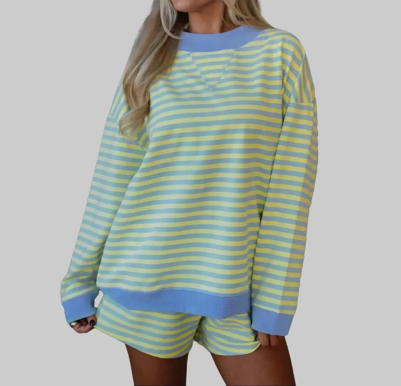 Women Color Block Striped 2 Piece Loungewear Set Oversized Loose Long Sleeve Pullover Elastic High Waist Shorts 95% Cotton Soft Breathable Casual Summer Tracksuit Yellow Blue Stripe Outfit summer two piece outfit summer loungewear