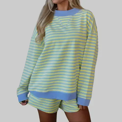 Women's 95% Cotton Color-Block Striped 2-Piece Lounge Set - Loose Long-Sleeve Pullover & Elastic High-Waist Shorts, Soft Breathable Summer Pajama Nightwear, Matching 2 Piece Sets, Women 2 Piece Sets