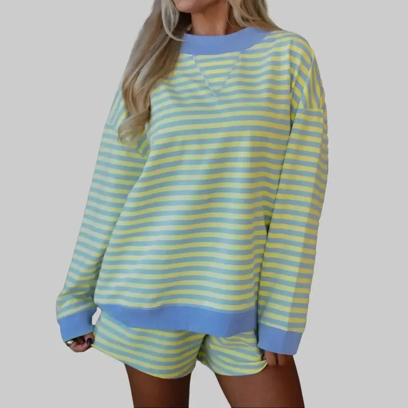 Women's 95% Cotton Color-Block Striped 2-Piece Lounge Set - Loose Long-Sleeve Pullover & Elastic High-Waist Shorts, Soft Breathable Summer Pajama Nightwear, Matching 2 Piece Sets, Women 2 Piece Sets