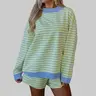 Women's 95% Cotton Color-Block Striped 2-Piece Lounge Set - Loose Long-Sleeve Pullover & Elastic High-Waist Shorts, Soft Breathable Summer Pajama Nightwear, Matching 2 Piece Sets, Women 2 Piece Sets