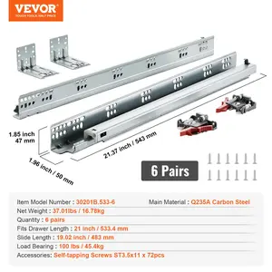 VEVOR 6 Pairs of 21 Inch Drawer Bottom Side Mount Rails, Heavy Duty Full Ball Bearing Extension Steel Track, Soft-Close Noiseless Guide Glides Cabinet Kitchen Runners with Locking Mechanism, 100 Lbs
