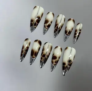 Silver Chrome Tortoise Shell Press On Nails Y2K Tiger Print Handmade Faux Acrylic Nails
