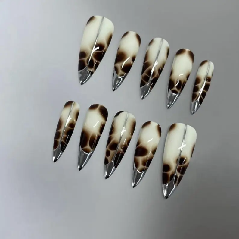 Silver Chrome Tortoise Shell Press On Nails Y2K Tiger Print Handmade Faux Acrylic Nails