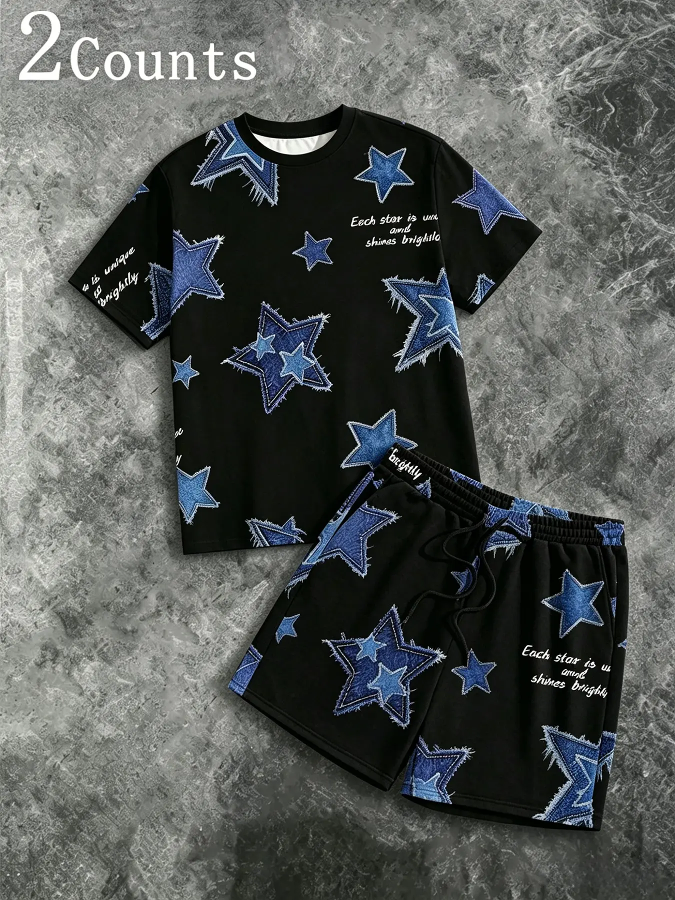 Vintage Washed Denim Star Print Round Neck T-Shirt + Sporty Shorts Set, Classic American High Street Style, Loose Fit, Trendy Summer, Casual Fashion Set, 2-Piece Set, Menswear