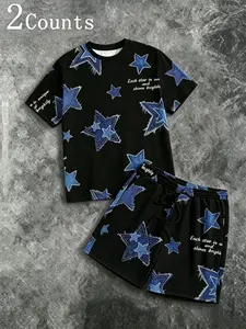 Vintage Washed Denim Star Print Round Neck T-Shirt + Sporty Shorts Set, Classic American High Street Style, Loose Fit, Trendy Summer, 2-Piece Set, Menswear