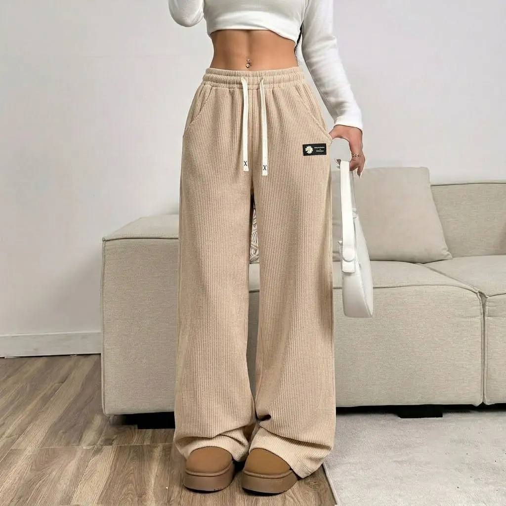 Women's Vintage Corduroy Straight-Leg Long Pants - All-Season Elastic Waistband with Drawstring, Suitable for Casual Everyday Wear, Dates