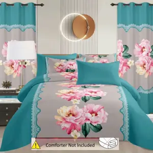 King Size 8-Piece Decorative Pattern Bedding Set with Matching Curtains Complete Sheet Set with Pillowcases  (No Comforter)  Coordinated Artwork for Modern Bedroom Look