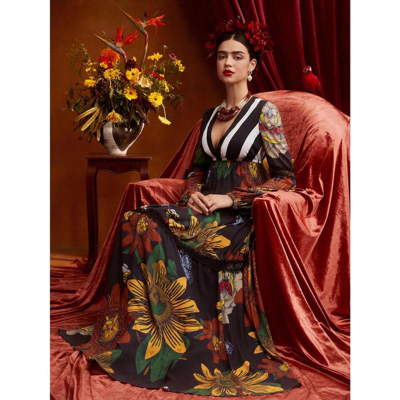 Frida Kahlo X SHEIN X Designer ISELACOS Floral Print Plunging Neck Lace Insert Dress Designer Elegant Dress, Fall Women Dress, For Autumn, Holiday, Party, Thanksgiving, Birthday Outfits, Spring, Festival
