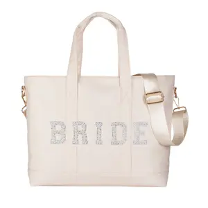 State of Bliss BRIDE Tote Cream Nylon with White Pearl BRIDE Patch Letters | Bride to Be Tote, Tote for Wedding Day, Bride Gift, Bridal Shower