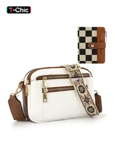 2Pcs Set Trendy Vegan PU Leather Crossbody Purse & Short Wallet for Women, Adjustable Strap, Animal Print Design, All-Season Use, Crossbody Bag Set