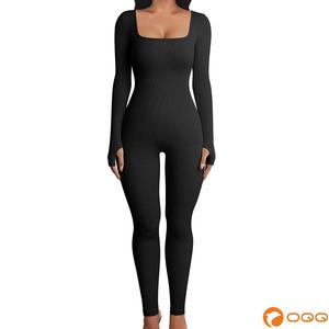 OQQ Women Yoga Jumpsuits Workout Ribbed Long Sleeve Sport Jumpsuits