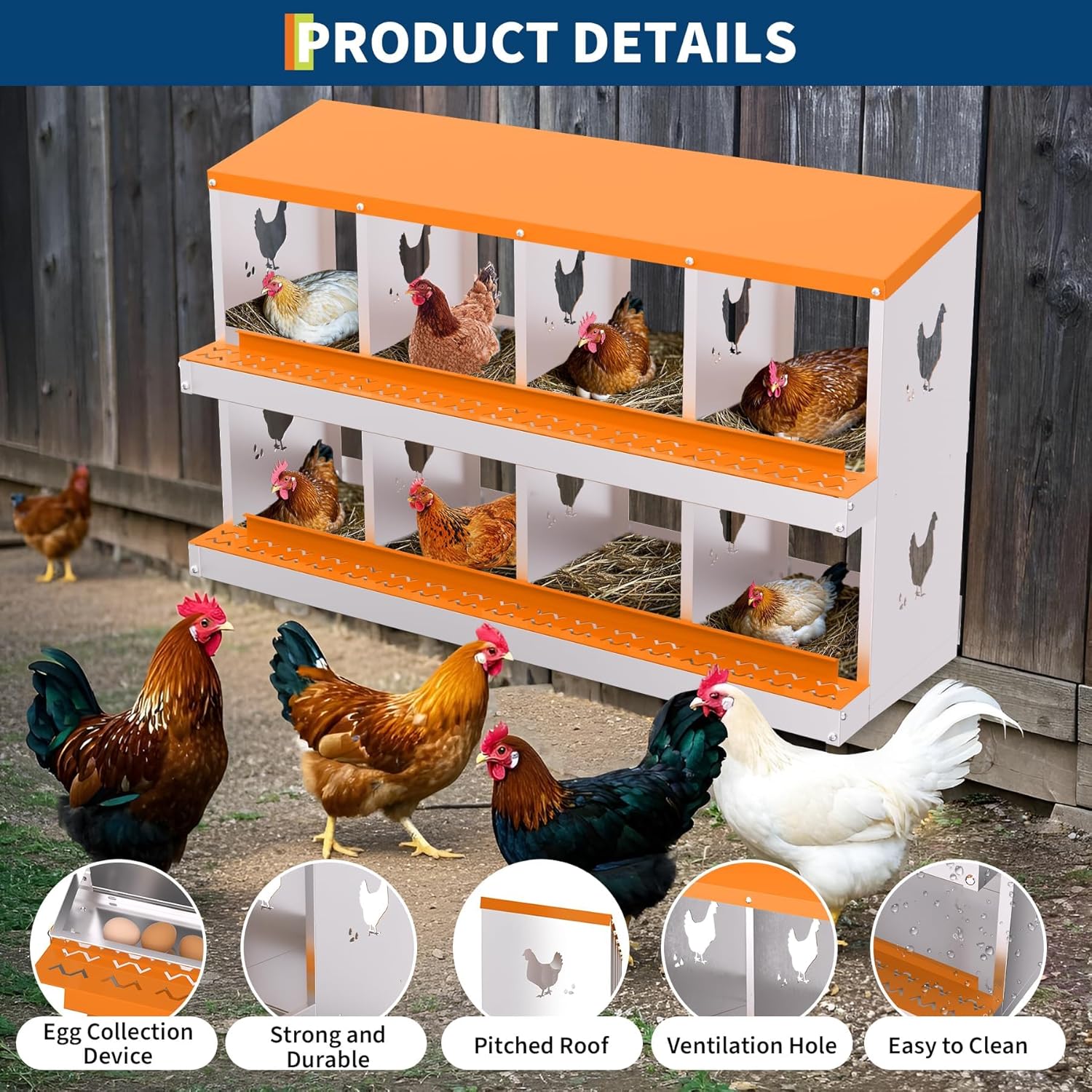 Galvanized Chicken Nesting Box, Roll Away Egg Collection, Rustproof Hen Laying Boxes with Legs, Ventilated & Easy Install, Premium Poultry Nest for Chicken Coop/Duck House + Fake Training Eggs