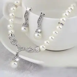 Creative silver Color Necklace + 1 Pair Earrings Wedding Bridal Pearl Jewelry Set For Women Lady Female