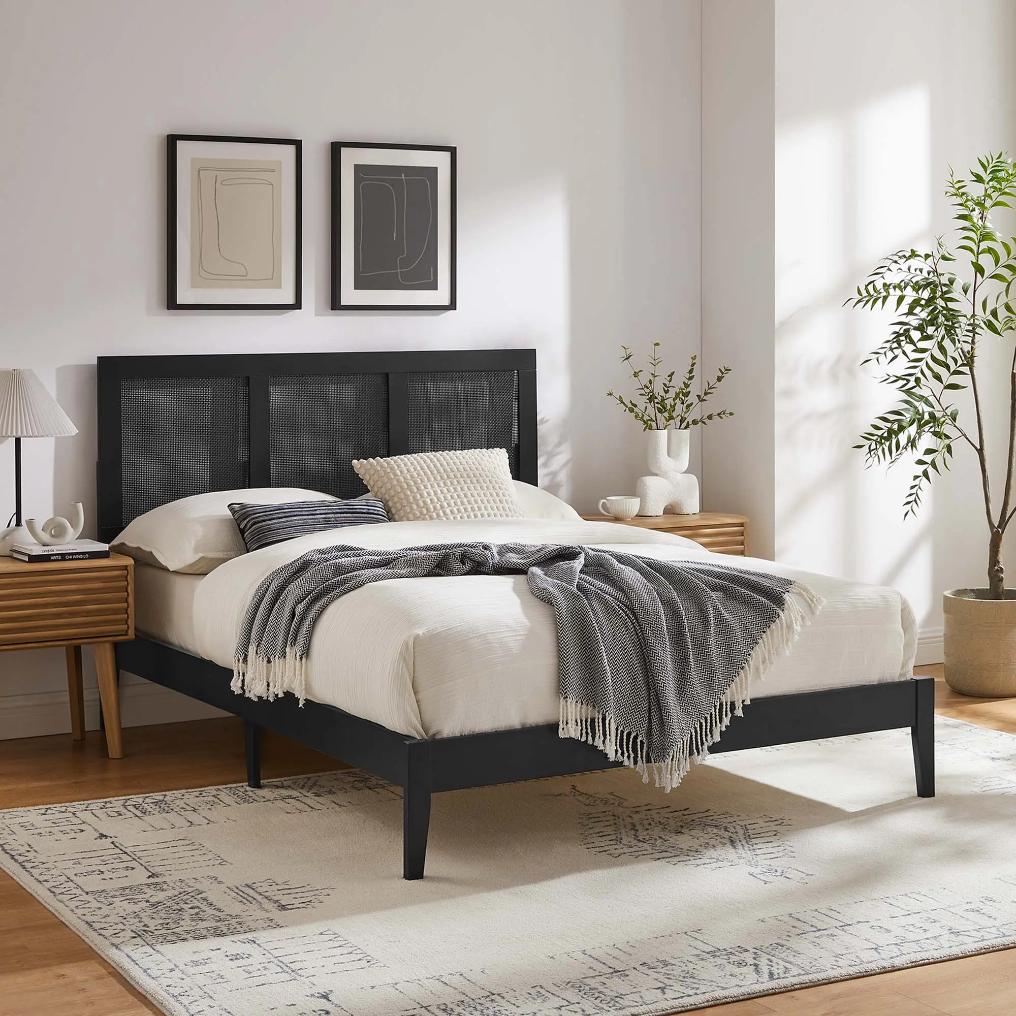 Modway Sirocco Full Platform Bed - Rattan, Wood, Cane Webbing, Adjustable Headboard Heights, Assembly Required - Ideal for Boho Bedrooms, Small Apartment Bedrooms (Black)