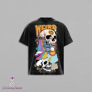 Weird Skull Psychedelic Graphic T-Shirt Vintage Washed, Trippy Skeleton Streetwear Tee Oversized Unisex