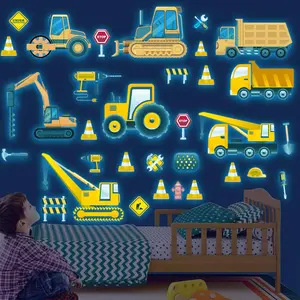 Glow in The Dark Luminous Construction Wall Decals, Self-Adhesive Truck Car Excavator Stickers for Ceiling Kids Baby Boy Room Wall Decor, Great Boys Gifts