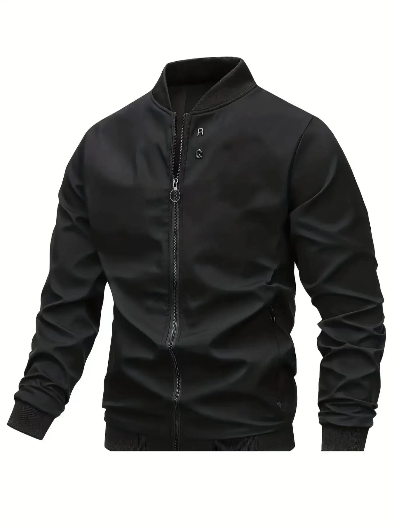 Men's Plain Letter Patched Mock Neck Jacket, Casual Longsleeves Bomber Jackets, Men's Men Designer Clothes Outerwear, Western Clothes, Men's Clothing