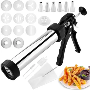 Stainless Steel Churro Making Kit, 24- Churro Maker Press with 7 Nozzles, 9 Discs, Filling Injector & Piping Bag, Manual Churro Press for Hollow and Filled Churros