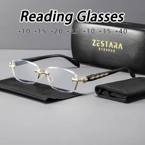 Women's Metal Diamond Cut Edge Frameless Square Reading Glasses, Reading Eyeglasses, Unisex, Perfect for Newspapers, Books, Computers, Daily Work, High Quality Eyewear