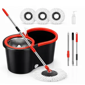 360° Spin Mop and Bucket Set with 3 Refill Heads - Stainless Steel, 61" Adjustable Handle, Self-Wringing Mop - Best Mopping System for Hardwood & Tile Floors，separate dirty water system
