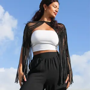 Handmade macrame Black Cape with intricate weaving and flowy fringe.