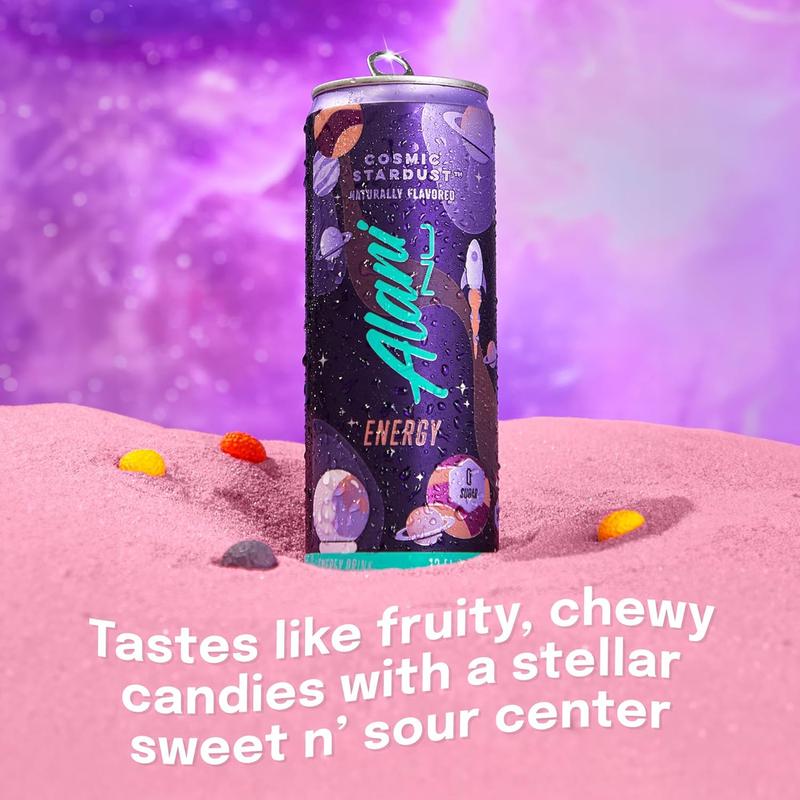 Alani New Energy Drink Cosmic Stardust Naturally Flavored 12 Cans Pack Sugar-Free Low Calorie with B-Vitamins & Biotin