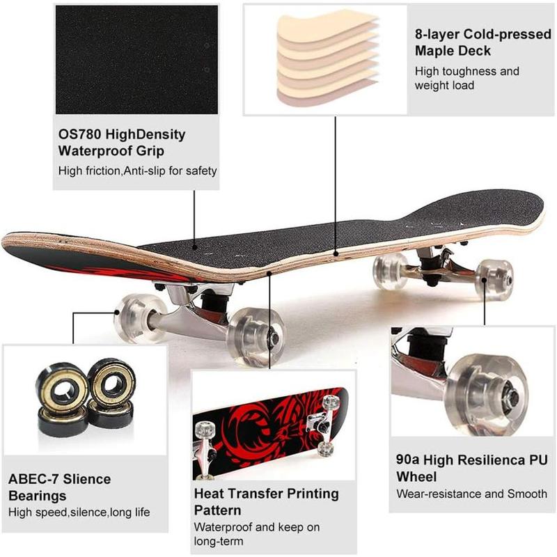 skateboard 31 inch Double Kick Skateboard Cruiser Longboard 8 Layer Maple Deck for Kids Beginners with PU  ABEC-7 Bearings & Carrying Bag Silent Wheels skateboard