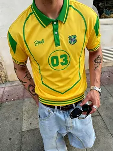 Retro Brazil National Team 03 Soccer Jersey Polo Shirt, Football Shirts, Retro Street Short-Sleeve T-Shirt, College Style Color-Block Sportswear, Men's Casual Loose-Fit Collared Top, Breathable Fabric, Hip-Hop Fashion Casual Wear