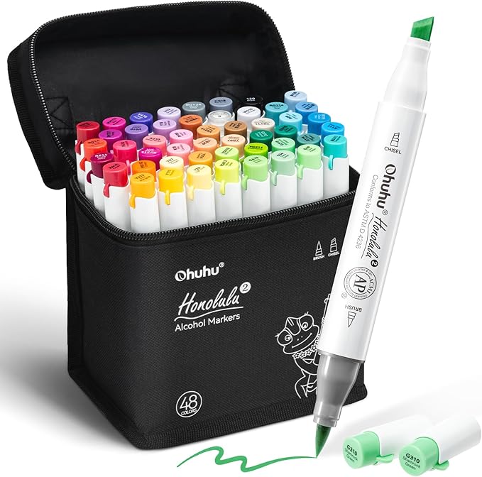 Ohuhu Alcohol Markers: Brush & Chisel / Fine Tips - 48-Color - Alcohol-based Art Sketch Marker Set for Artist Adults Coloring Illustration - Refillable - AP Certificated - New Look - Honolulu 2 & 2B Series of Ohuhu