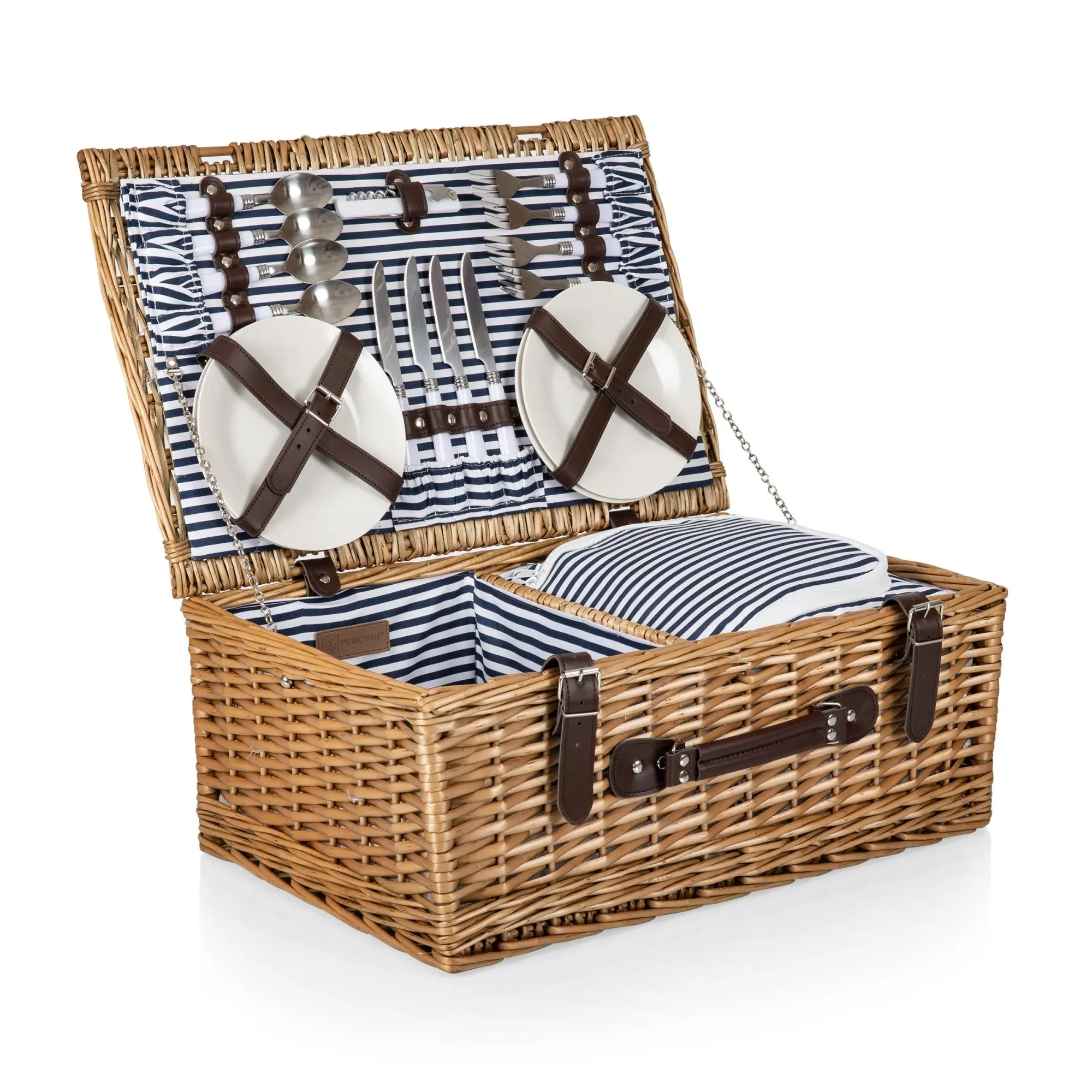 Belmont Wicker Picnic Basket Full Set - Navy Blue & White Stripe, Vintage Style for Wedding & Anniversary (Sports & Outdoor Camping Hiking Picnicware Hampers), Wicker Baskets & Hampers