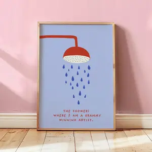 Funny  Bathroom Wall Art Blue Shower Karaoke Poster: Dopamine Decor Shower Illustration L