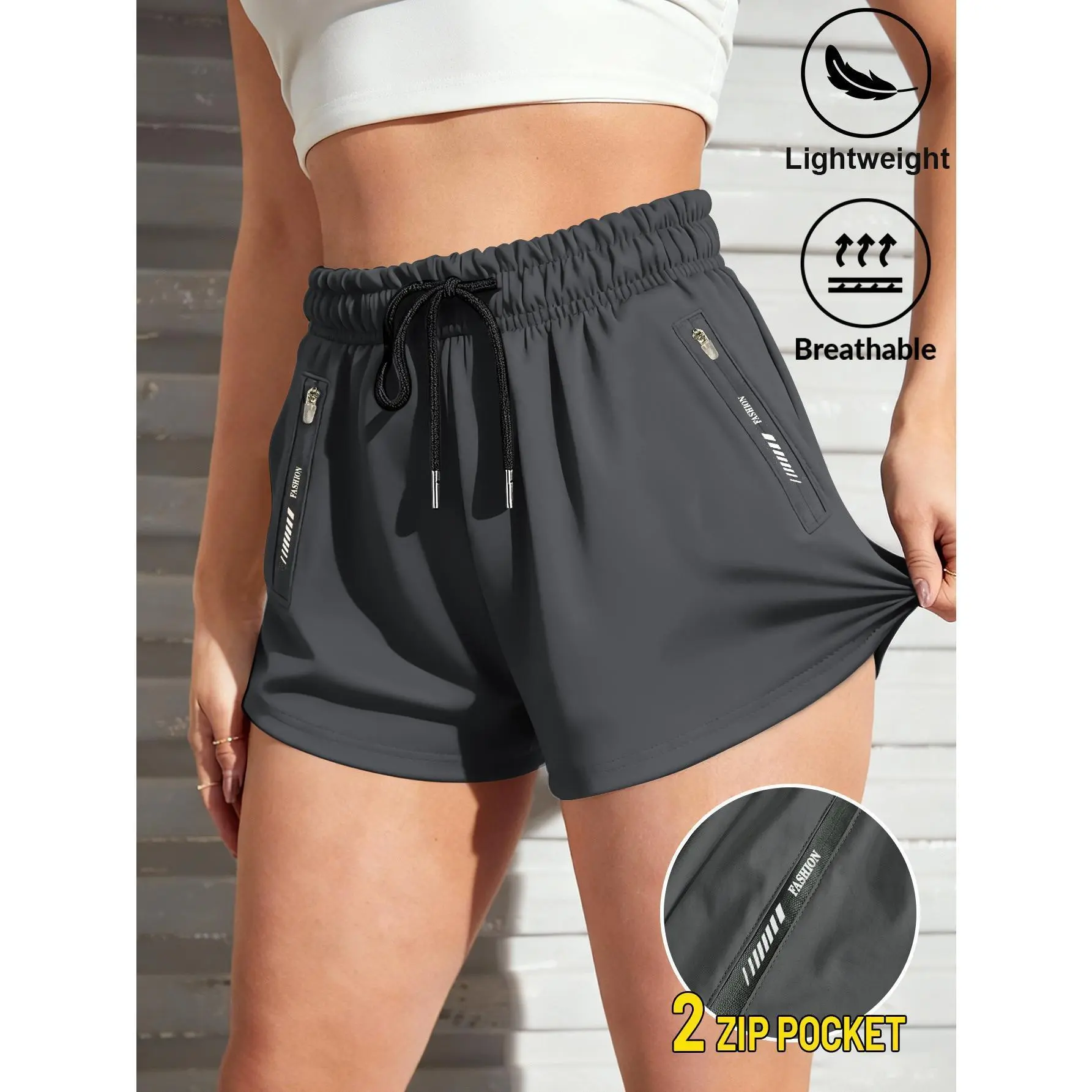 Women's High Waist Stretch Capri Shorts Summer Thin Breathable With Zipper Pocket Casual Athletic Workout Yoga Running Tennis Daily Wear