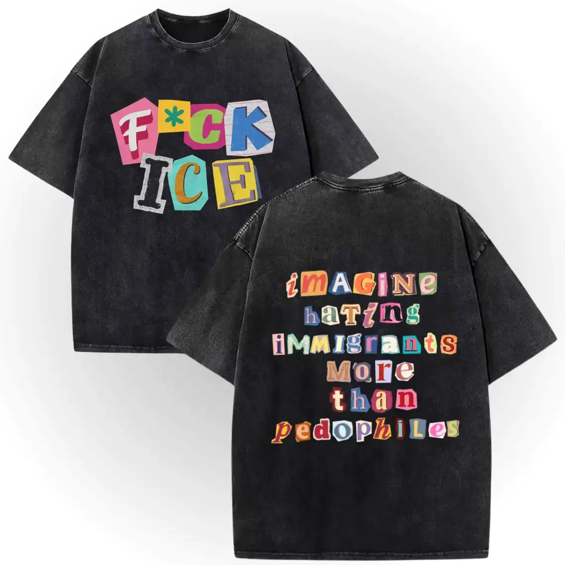Vintage Washed Anti ICE Magazine Letters Unisex Tee 100% Cotton Double-Sided Short Sleeve No One Is Illegal On Stolen Land ICE OUT AbolishIce HumanRights 100CottonTee DoubleSidedTee NoOneIsIllegal TikTokMadeMeBuyIt TikTokSho - Casual, Menswear