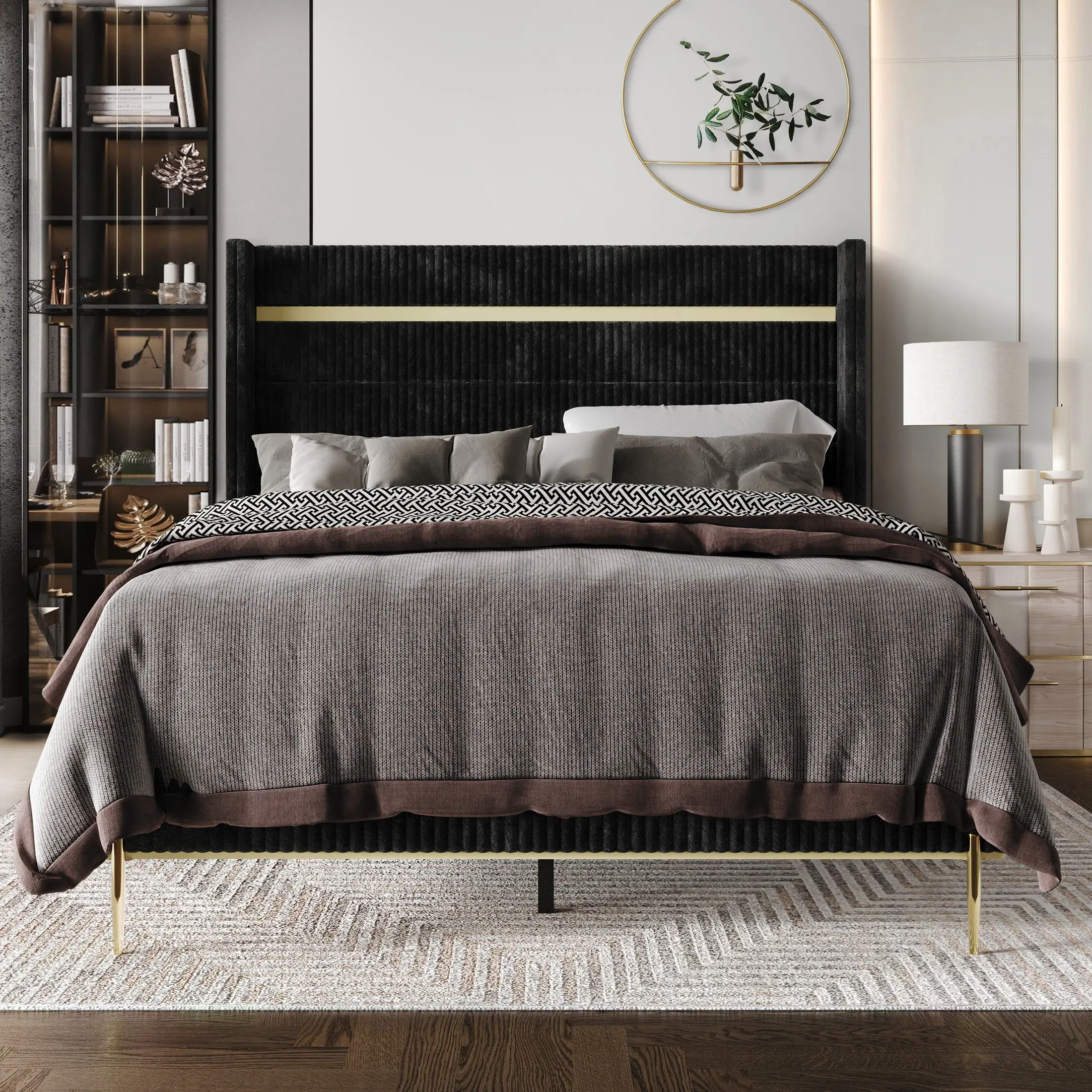 ChaletPosh Velvet Upholstered Wingback Bed Frame with Gold Acrylic Panel Design & Elegant Gold Metal Legs - Soft Polyester Velvet, Modern Luxury