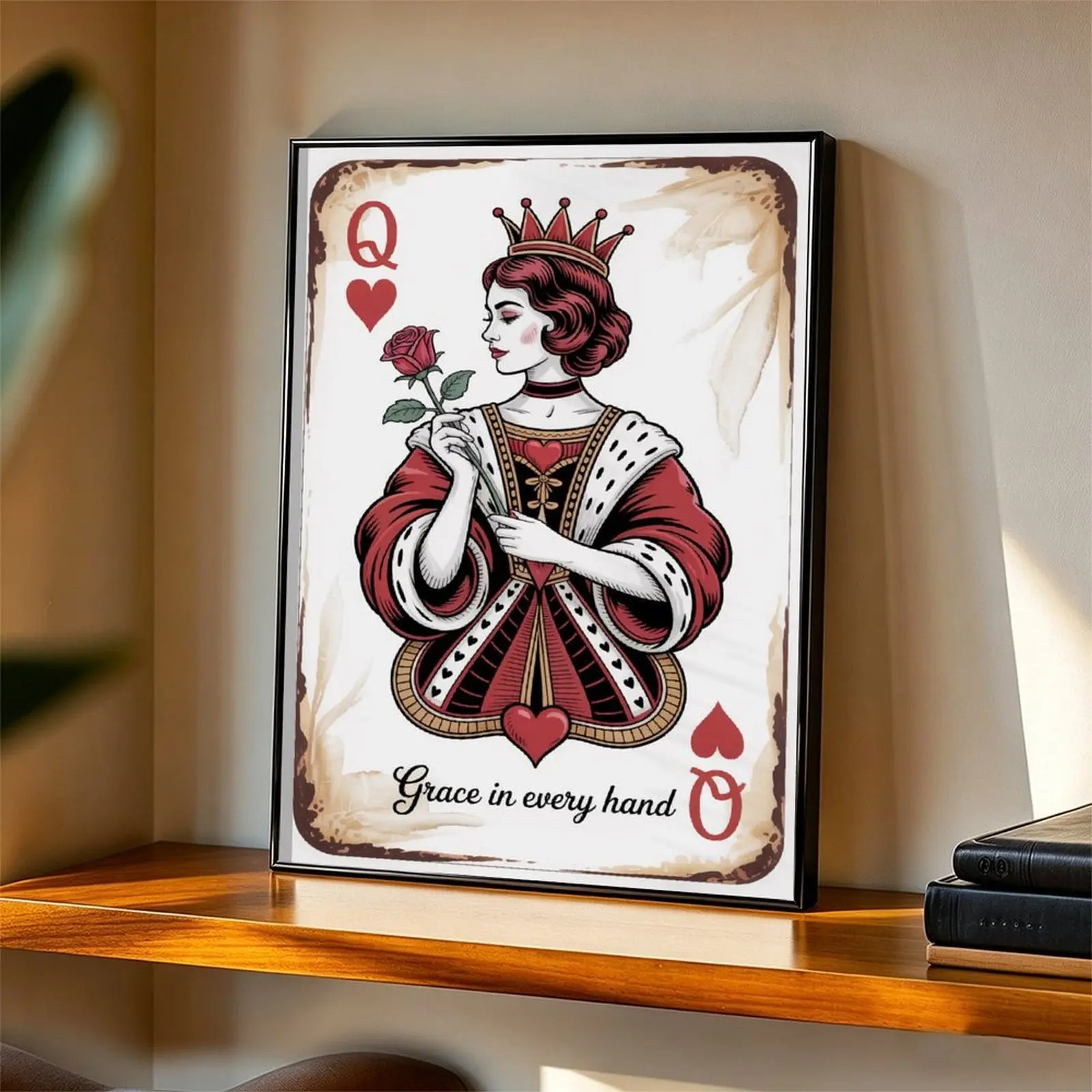 Queen of Hearts Vintage Playing Card Canvas Wall Art Grace In Every Hand Retro Poker Queen Poster Trendy Bedroom Bar Salon Aesthetic Wall Decor Gift For Card Lovers