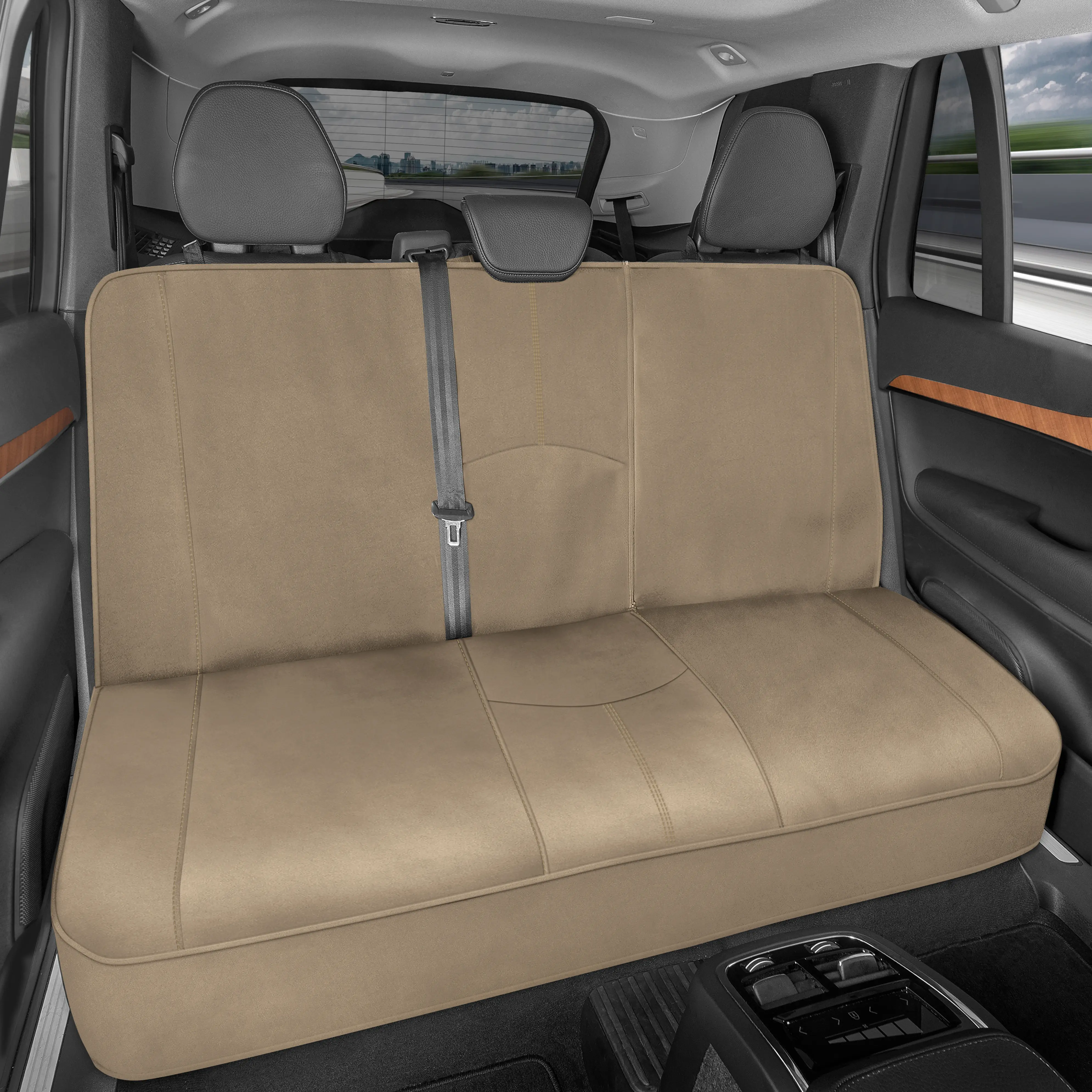 Motor Trend SpillGuard Waterproof Rear Bench Car Seat Cover, All Beige Stitching – Split Bench Rear Seat Protector with Neoprene Padding, Back Seat Cover for Kids & Dogs, Car Interior Covers