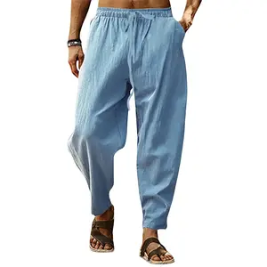 Men's Elastic Waist Drawstring Linen Pants Loose Fit Lightweight Breathable Summer Beach Trousers